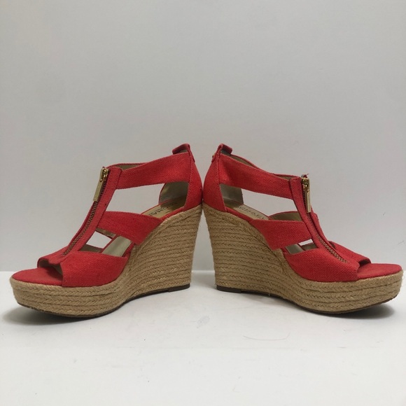 MICHAEL Michael Kors Linen Wedge Sandals Spiced Coral Size 5 - Picture 3 of 14